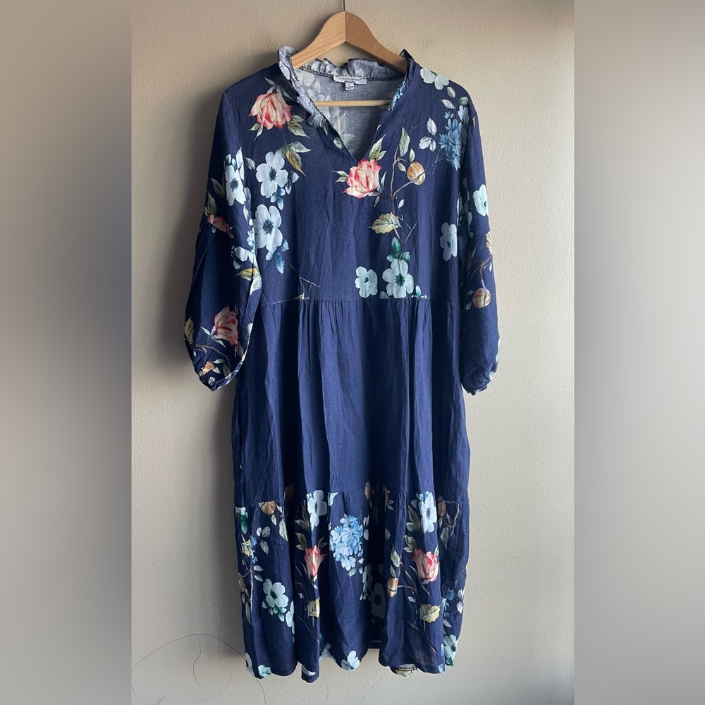 Cristina Vergani Women 100% Linen Blue Floral Maxi Dress Size Large